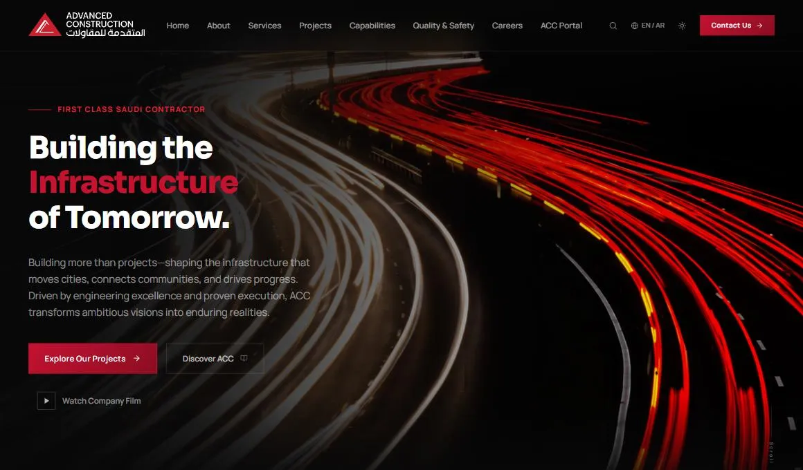 Advanced Construction Company website homepage, designed and developed by Whetstonez