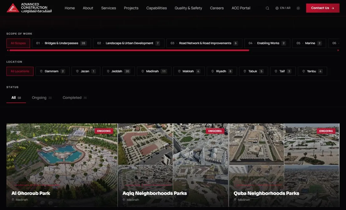 ACC website project portfolio with filters by scope of work, city and status