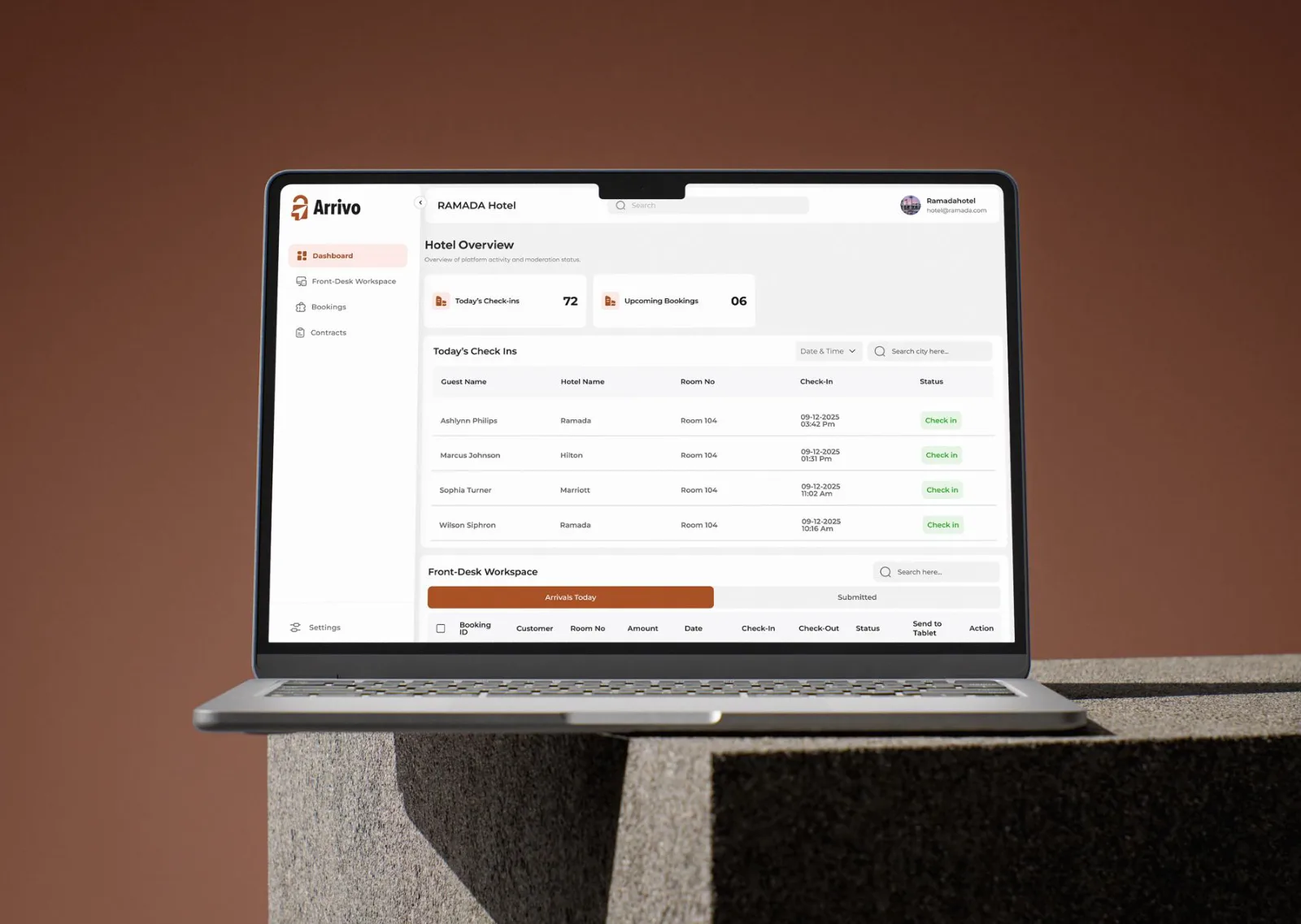 Arrivo hotel check-in admin dashboard