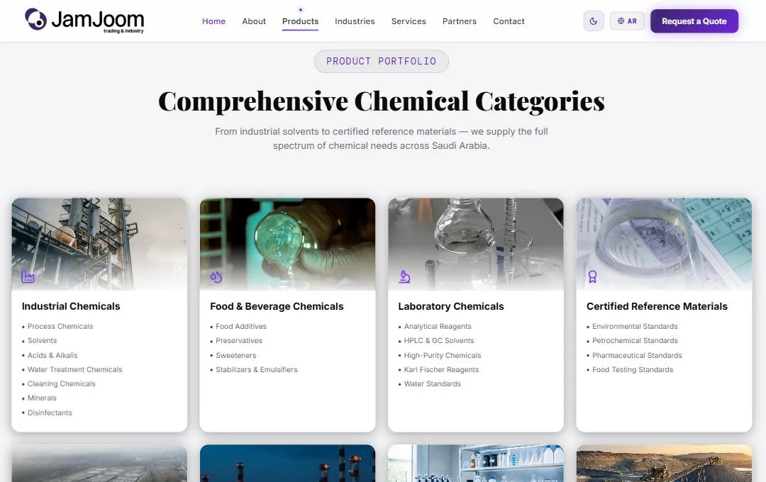 Jamjoom website product portfolio with chemical categories