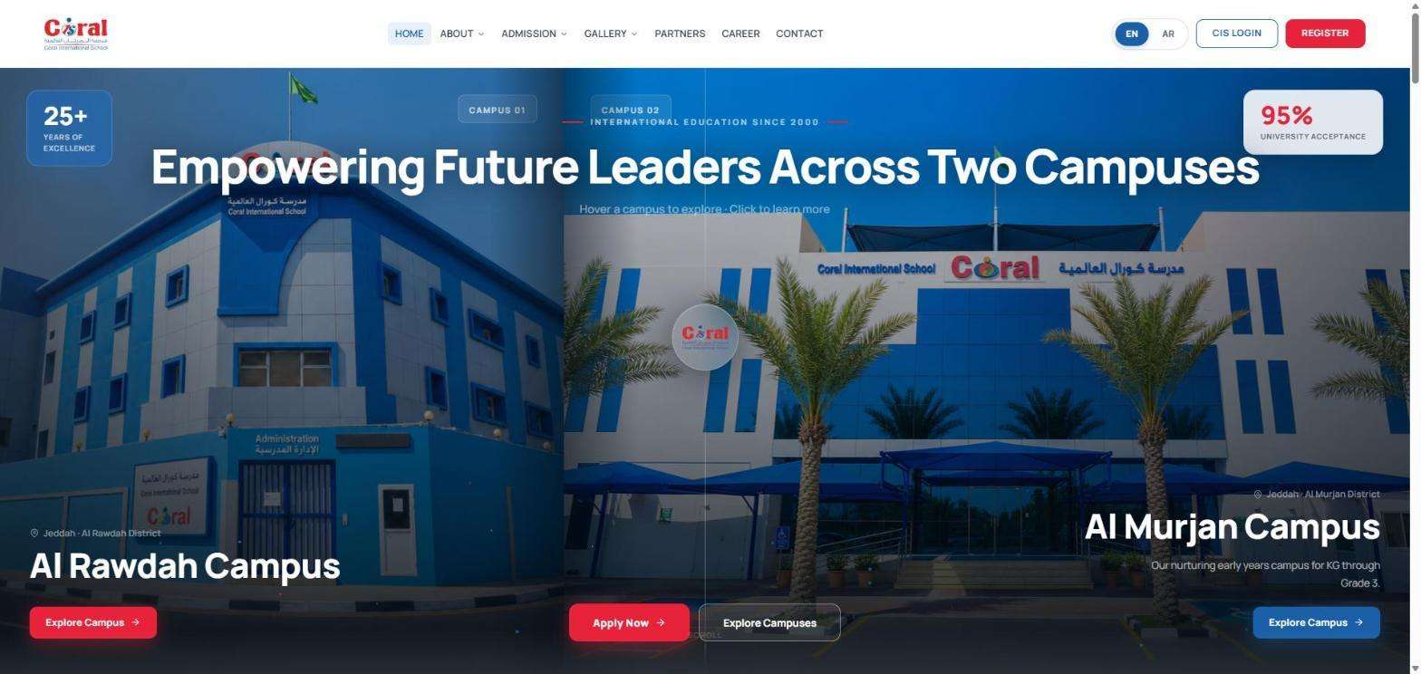 Coral International School website homepage, designed and developed by Whetstonez