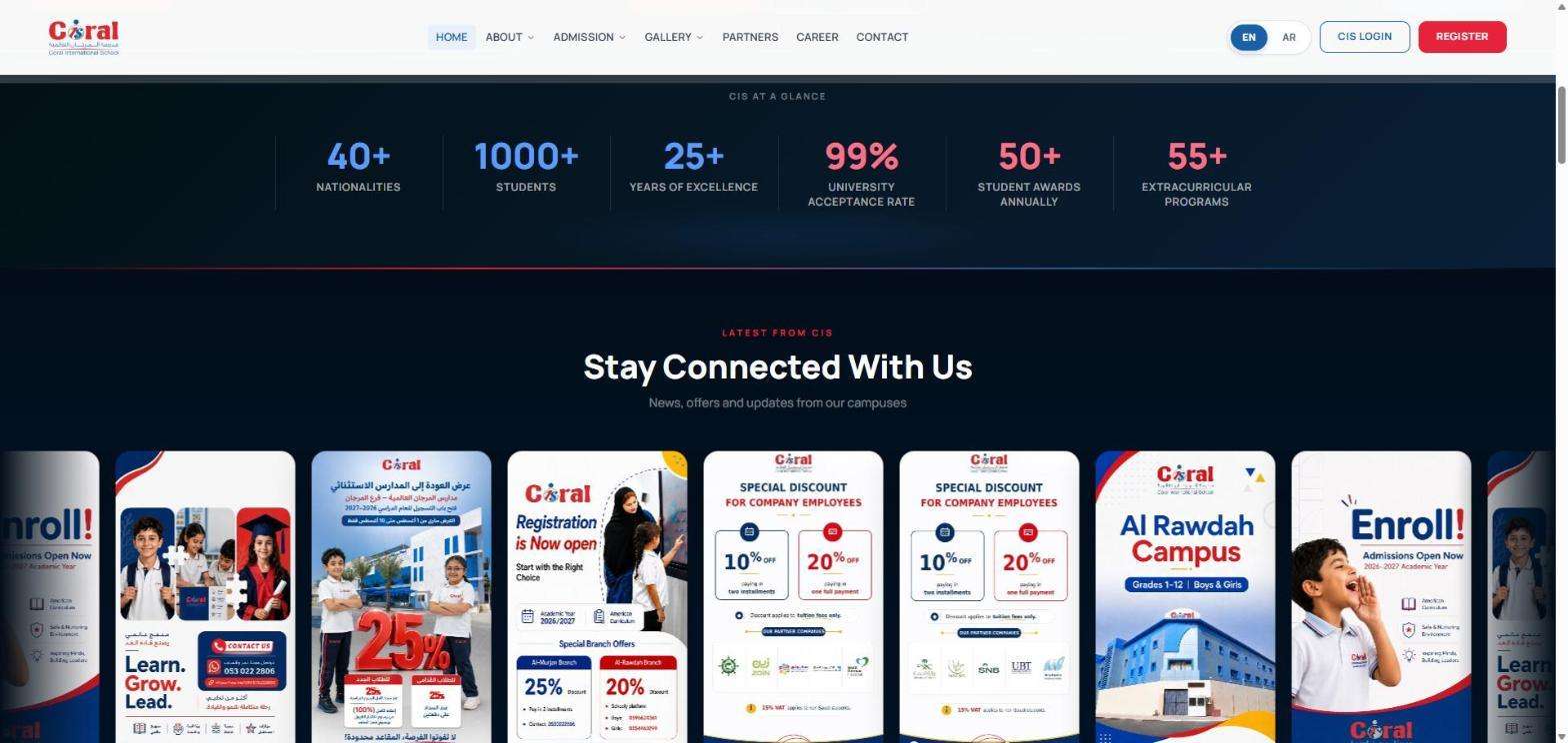 Coral International School website: school figures and latest updates section