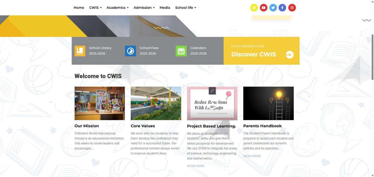 Children's World International Schools website: quick links and welcome section