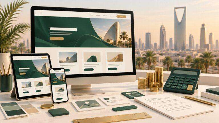 Website design cost in Saudi Arabia: responsive website on desktop, tablet and phone with a calculator and coins