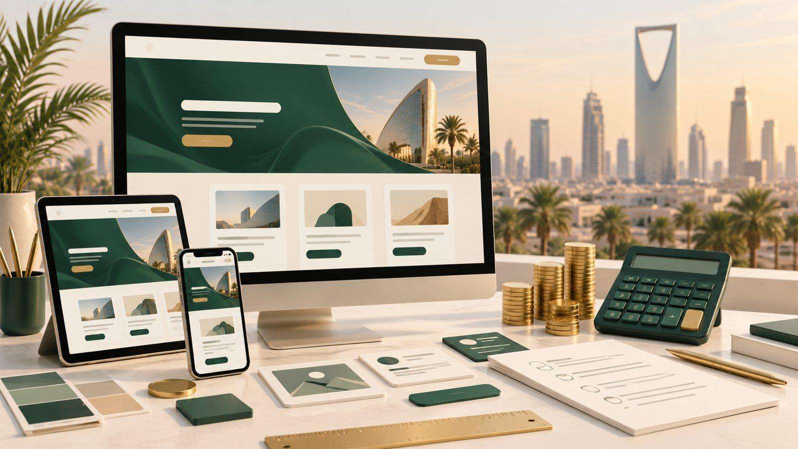 Website design cost in Saudi Arabia: responsive website on desktop, tablet and phone with a calculator and coins